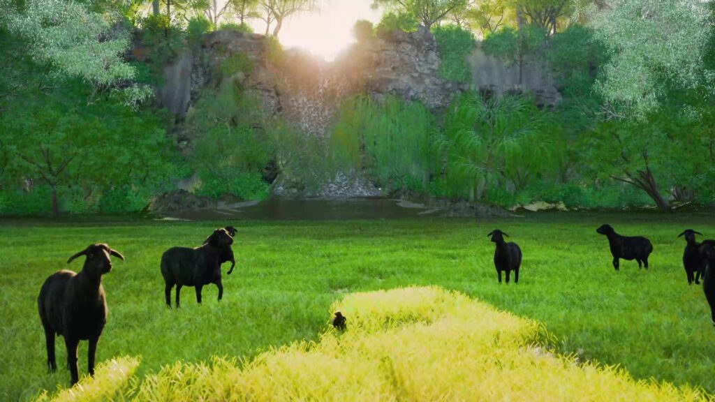 Dreamlike Argentine coastal landscape 3D render Unreal Engine black sheep and swan Agustín Miguez.jpg